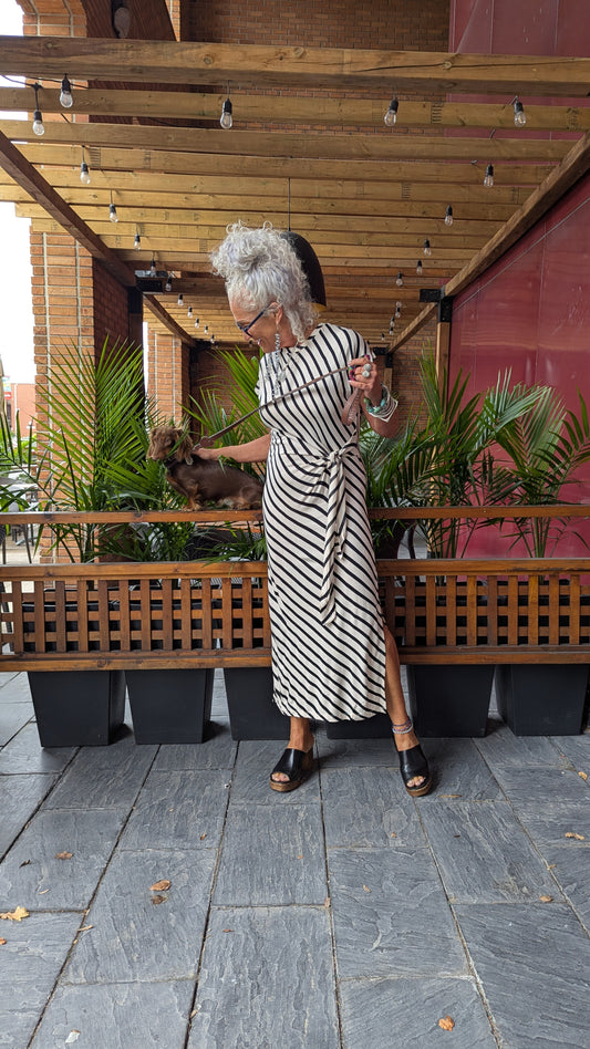 Striped T Shirt Midi Length Dress with Front Tie Details - Black & White