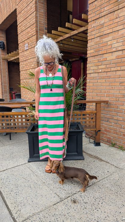 100 % Cotton Maxi Striped Tank A-line Dress  - Green & Pink