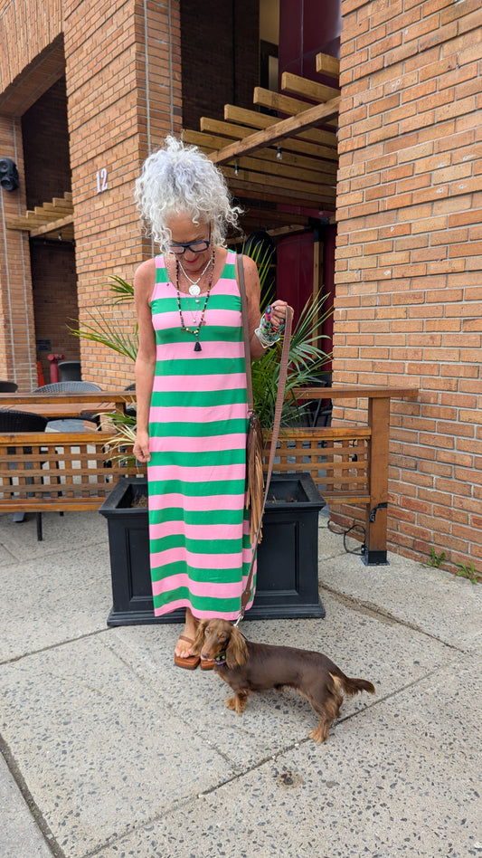 100 % Cotton Maxi Striped Tank A-line Dress  - Green & Pink