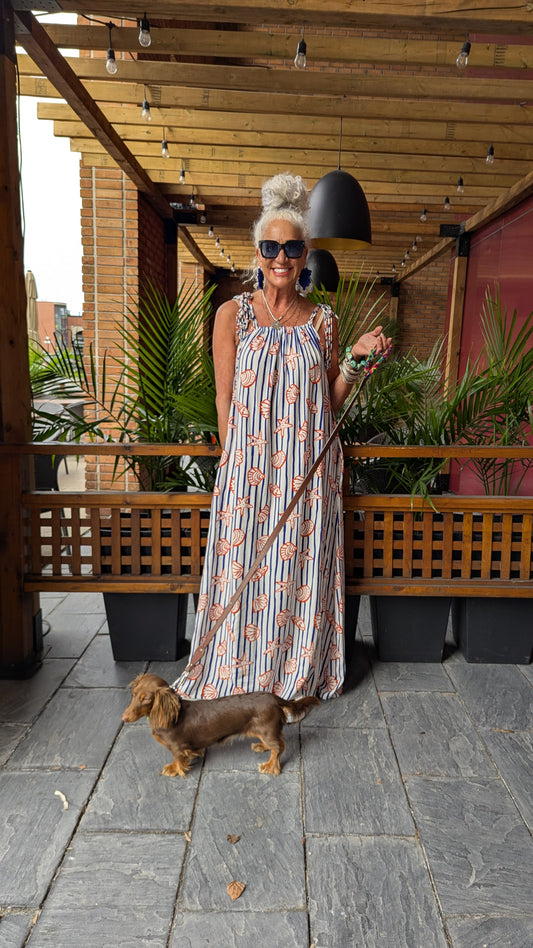 Blue and White Spaghetti Strap Striped Maxi Sundress POCKETS - Orange Sea Shell Pattern
