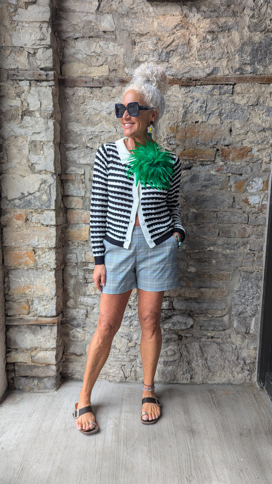 Striped Knit Button Cardigan Sweater - Ivory and Black