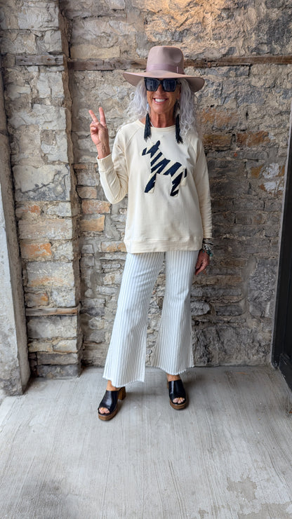 100%  Cotton Zebra crew neck Sweatshirt - Ivory and Black