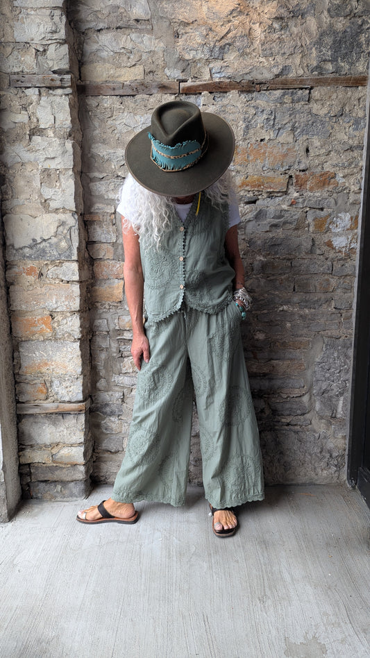 100% Cotton Boho Loose Wide Leg Pant with Pockets- Military Green