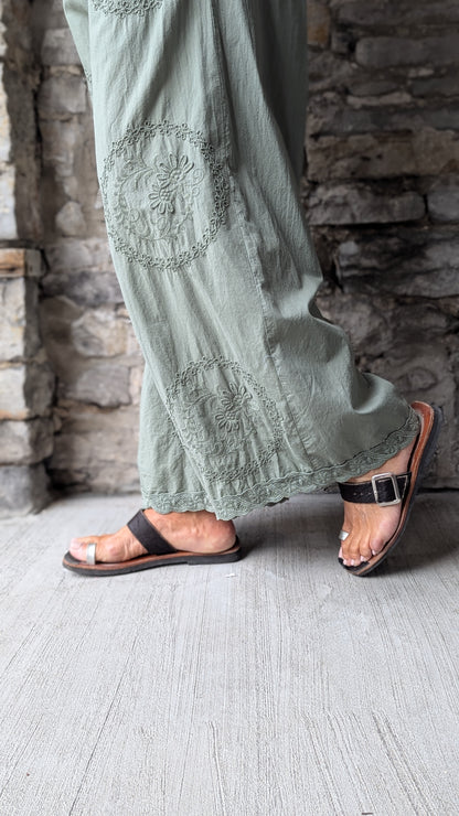 100% Cotton Boho Loose Wide Leg Pant with Pockets- Military Green