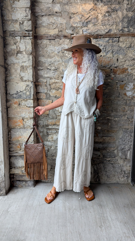 100% Cotton  Relaxed Fit Button Front Vest with Embroidery- Sand