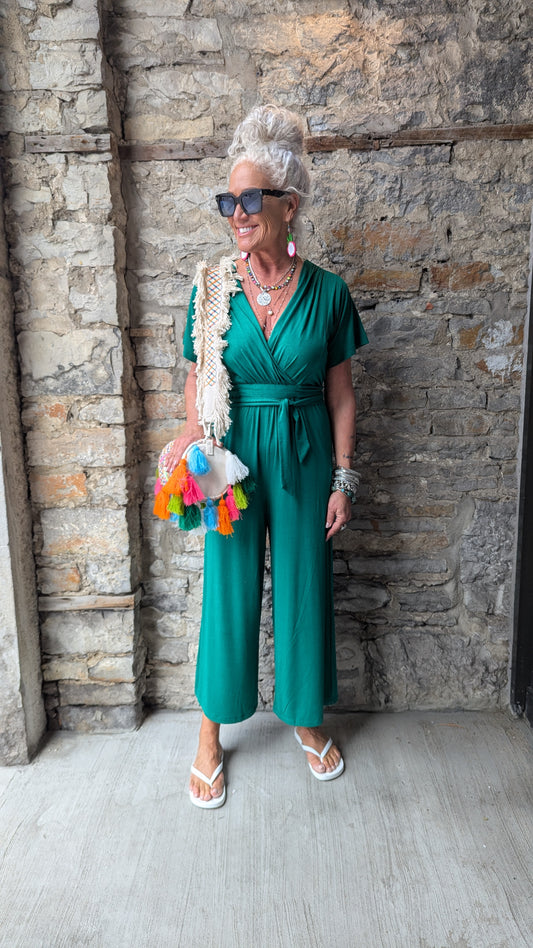 V neck Short Sleeve Wide Leg Jumpsuit- EMERALD GREEN