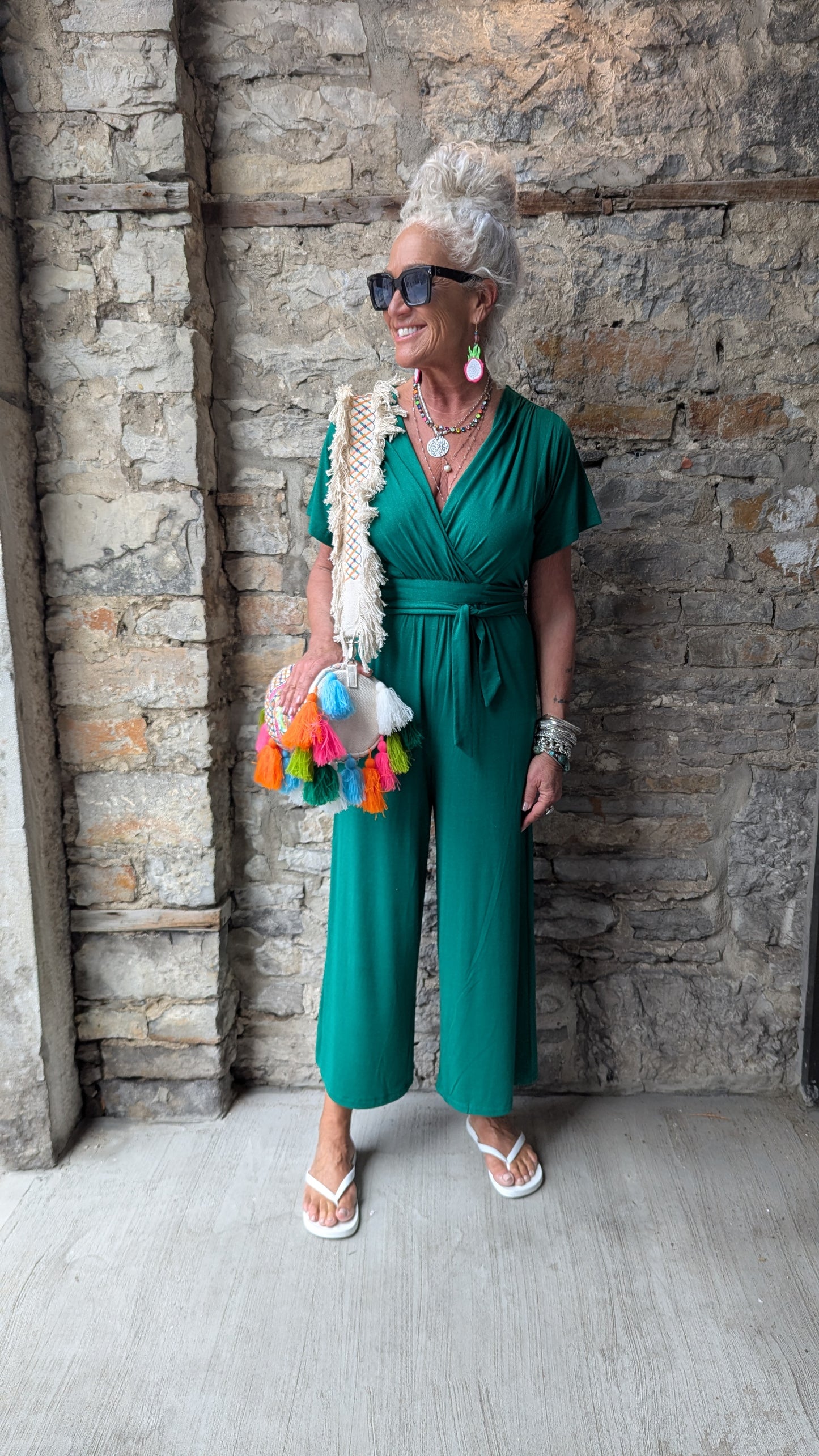 V neck Short Sleeve Wide Leg Jumpsuit- EMERALD GREEN