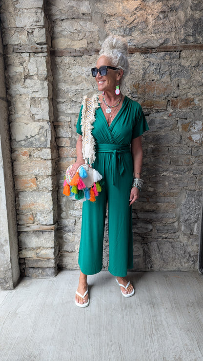 V neck Short Sleeve Wide Leg Jumpsuit- EMERALD GREEN