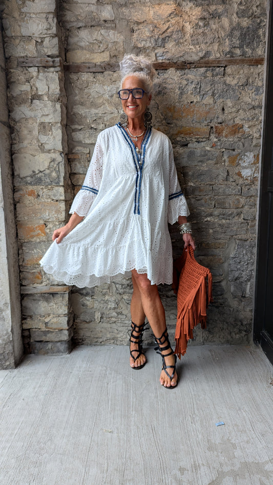 100% Cotton White Eyelet Boho Dress with Denim Blue Trim