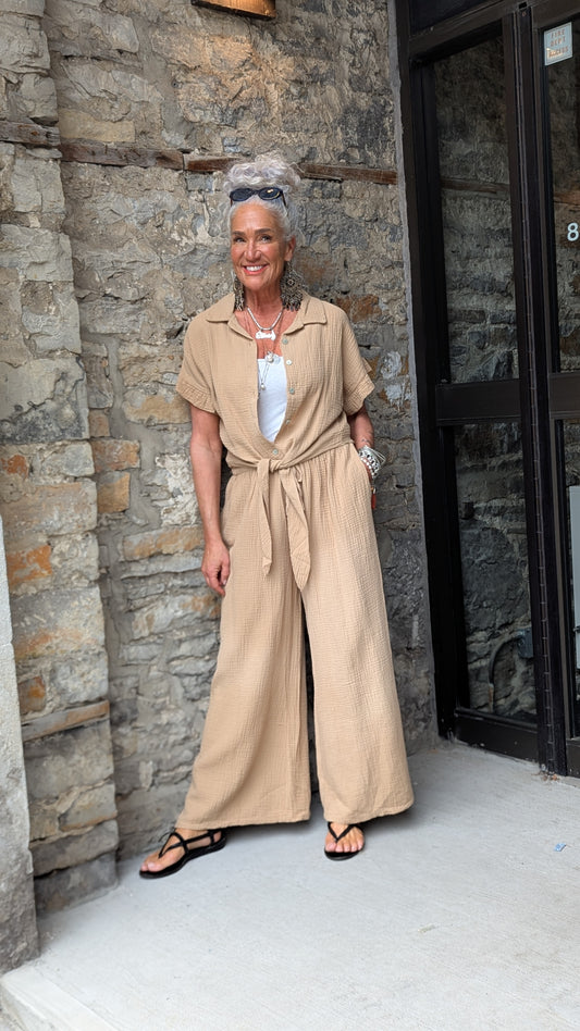 100% Cotton Tie Front Short Sleeve Top-TAN