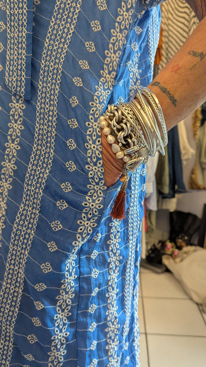 Cotton Folk Embroidery Shirt Dress with POCKETS- Blue and Beige
