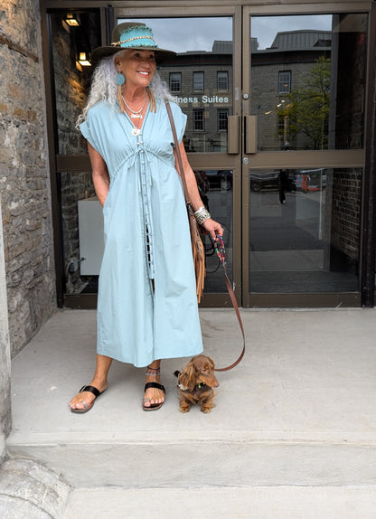 100% Cotton Button Front Empire Waist Dress with POCKETS - SAGE GREEN
