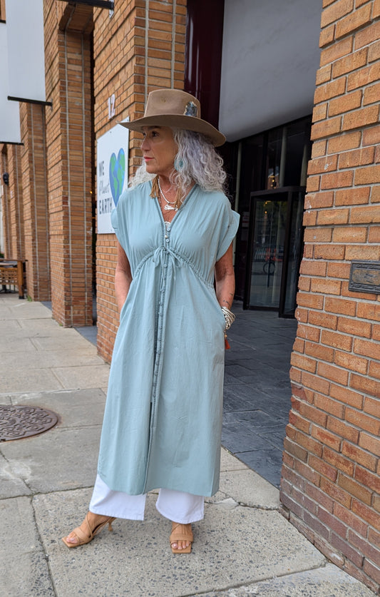 100% Cotton Button Front Empire Waist Dress with POCKETS - SAGE GREEN