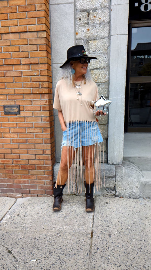 100% Cotton Relaxed Long Fringe T shirt- Neutral Tan