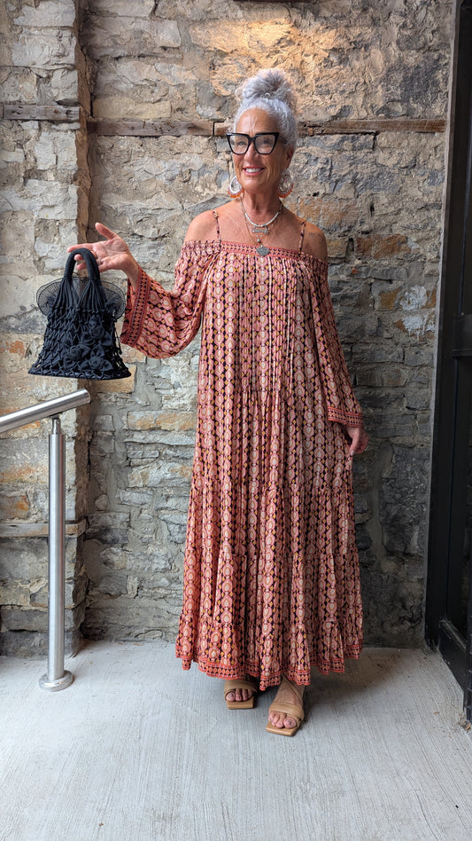 Long Sleeve Off The Shoulder Batik Pattern Maxi Dress- Pink Black Tan White