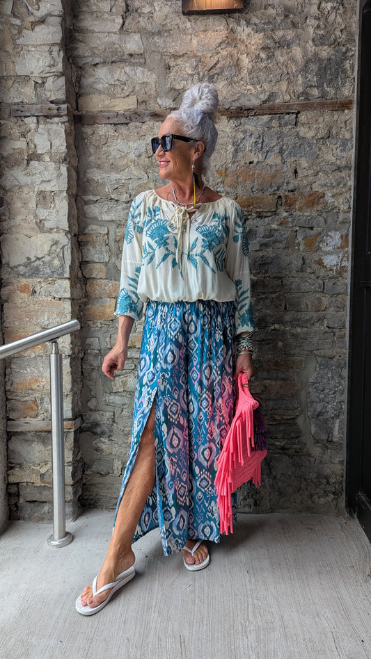 Long Sleeve Embroidery Top- Sea foam & Ivory