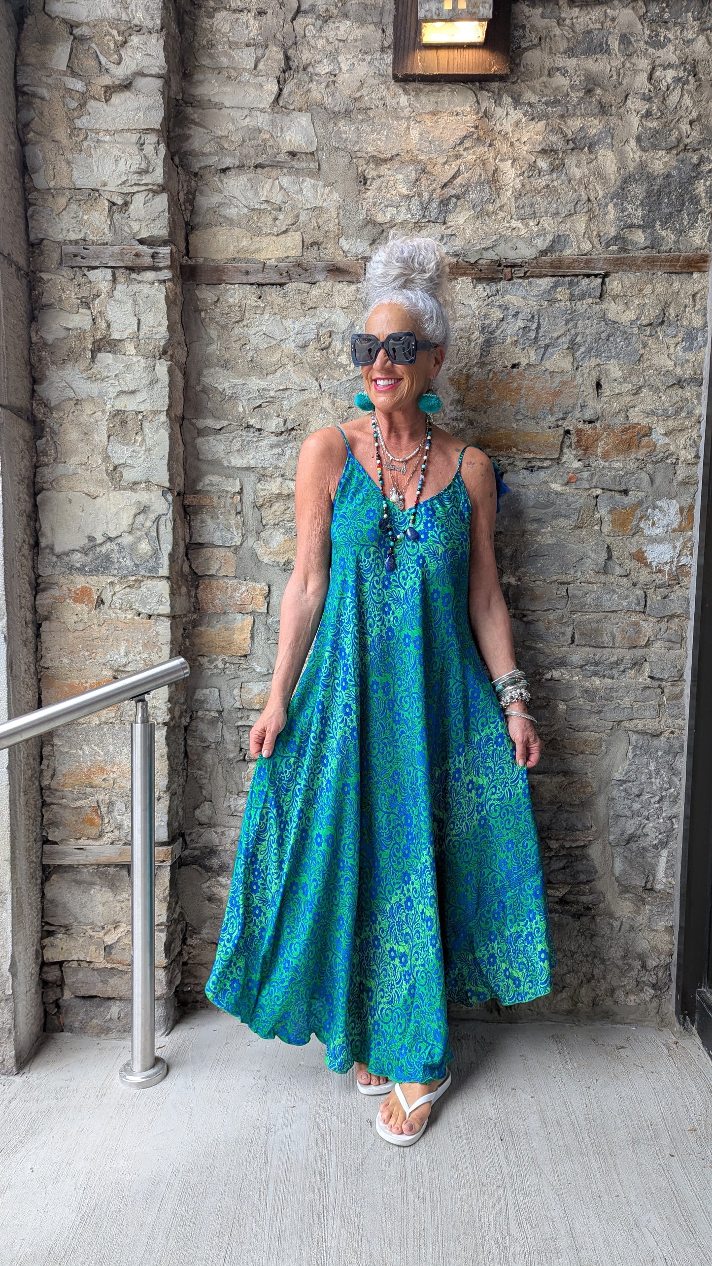 Silky Spaghetti Strap V-Neck Maxi Dress -GREEN & BLUE