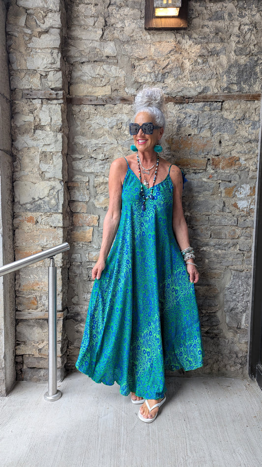 Silky Spaghetti Strap V-Neck Maxi Dress -GREEN & BLUE