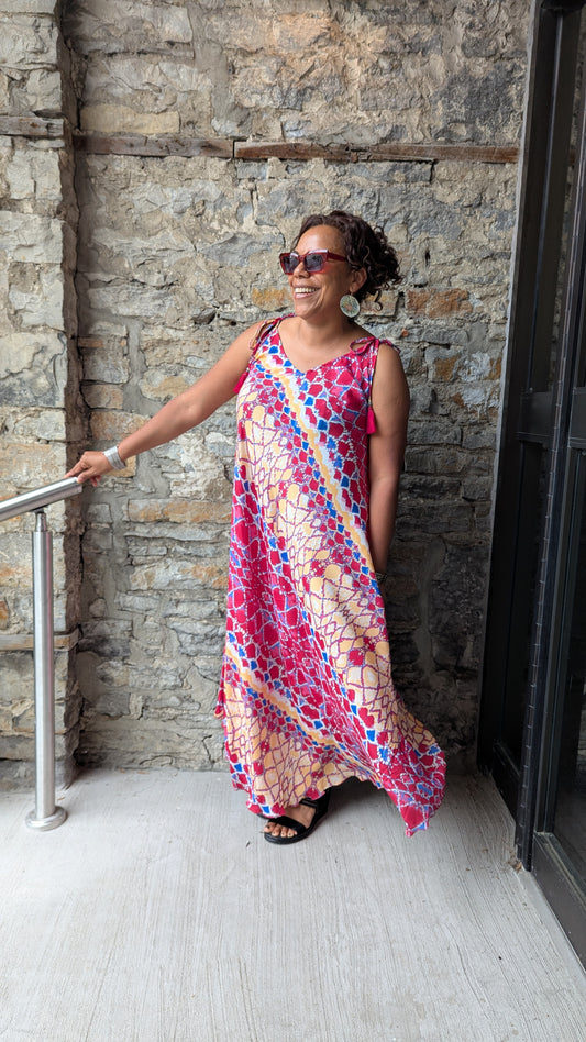Silky Spaghetti Strap Patterned V-Neck Maxi Dress -FUSHIA AND YELLOW