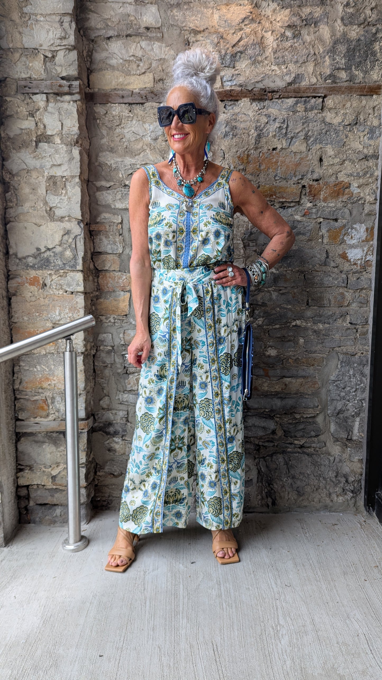 Green and Blue Wildflower Tie Front Wrap Wide Leg Pant