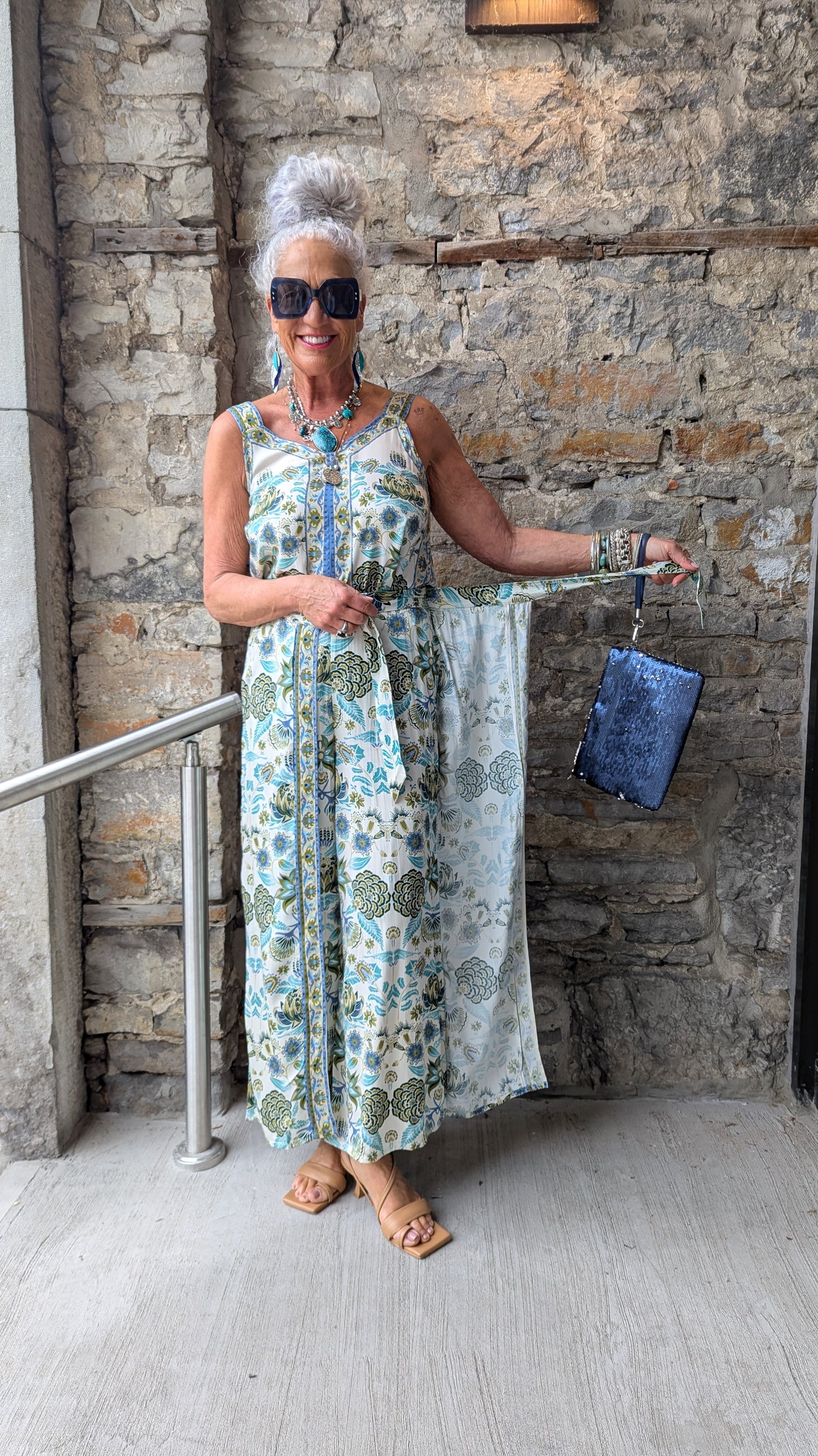 Green and Blue Wildflower Tie Front Wrap Wide Leg Pant