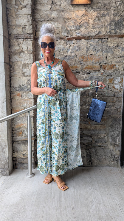 Green and Blue Wildflower Tie Front Wrap Wide Leg Pant