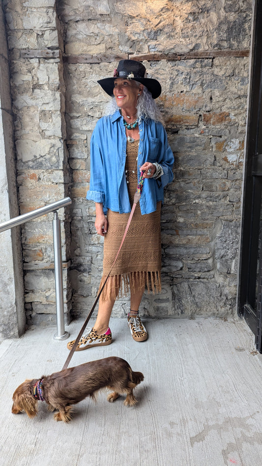 Tan Midi Length Crochet Fringed Dress