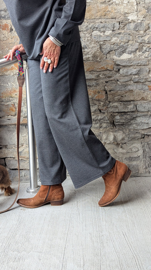 Ponte Knit wide leg cropped Pants with POCKETS - Heather Charcoal