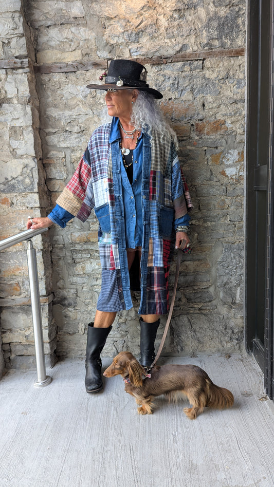 Patchwork Plaid  Denim Trim Long Cardigan
