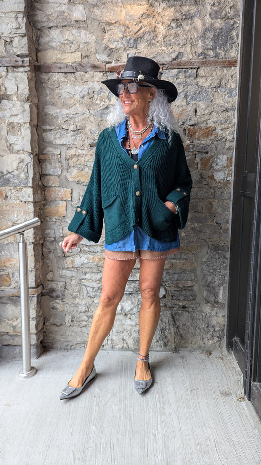 Chunky Knit Front Pocket Cardigan - Green