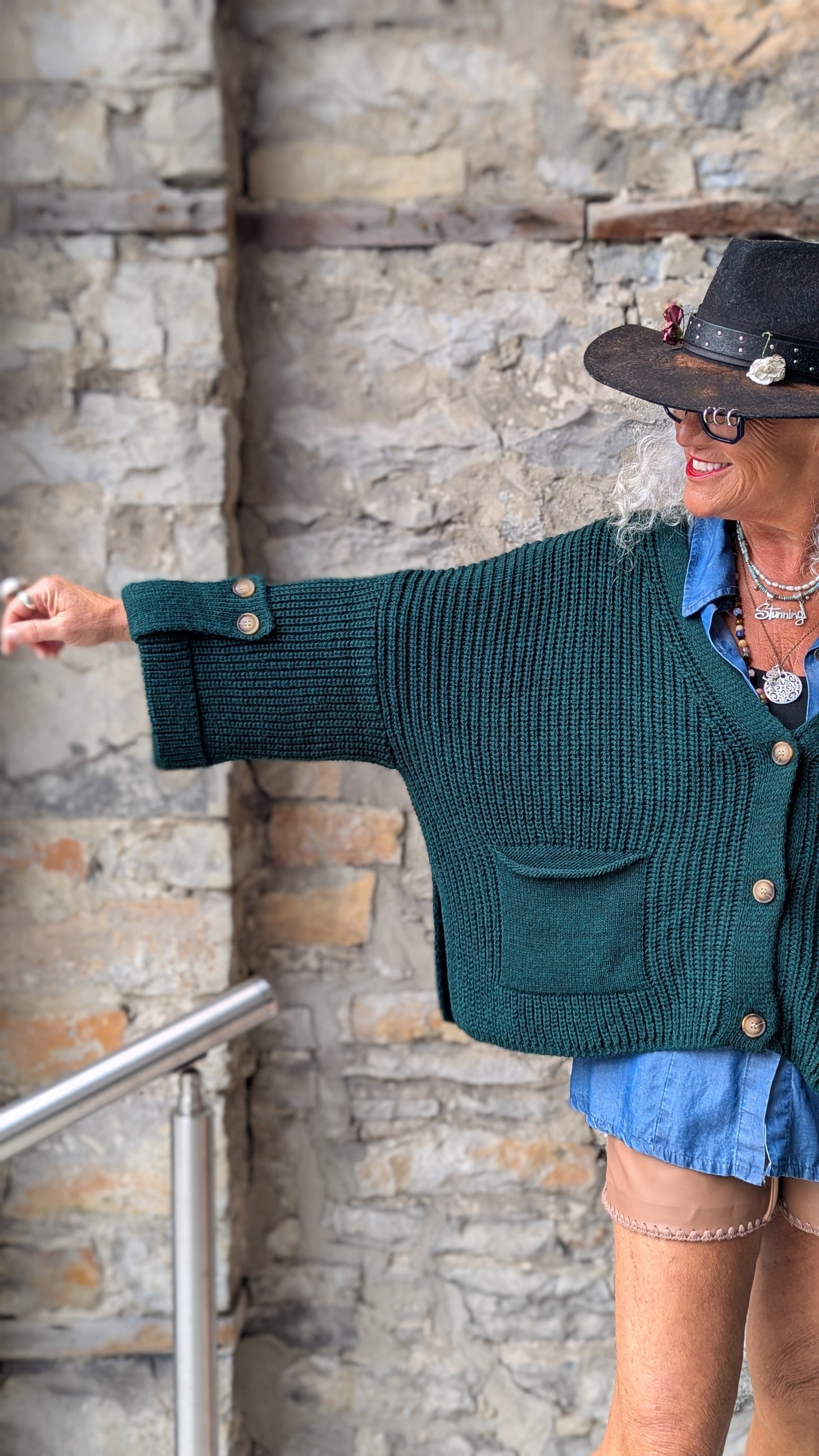 Chunky Knit Front Pocket Cardigan - Green