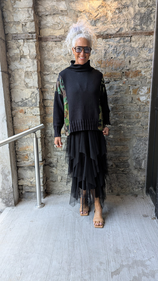 Camouflage Patchwork Black Knit Cowl Sweater