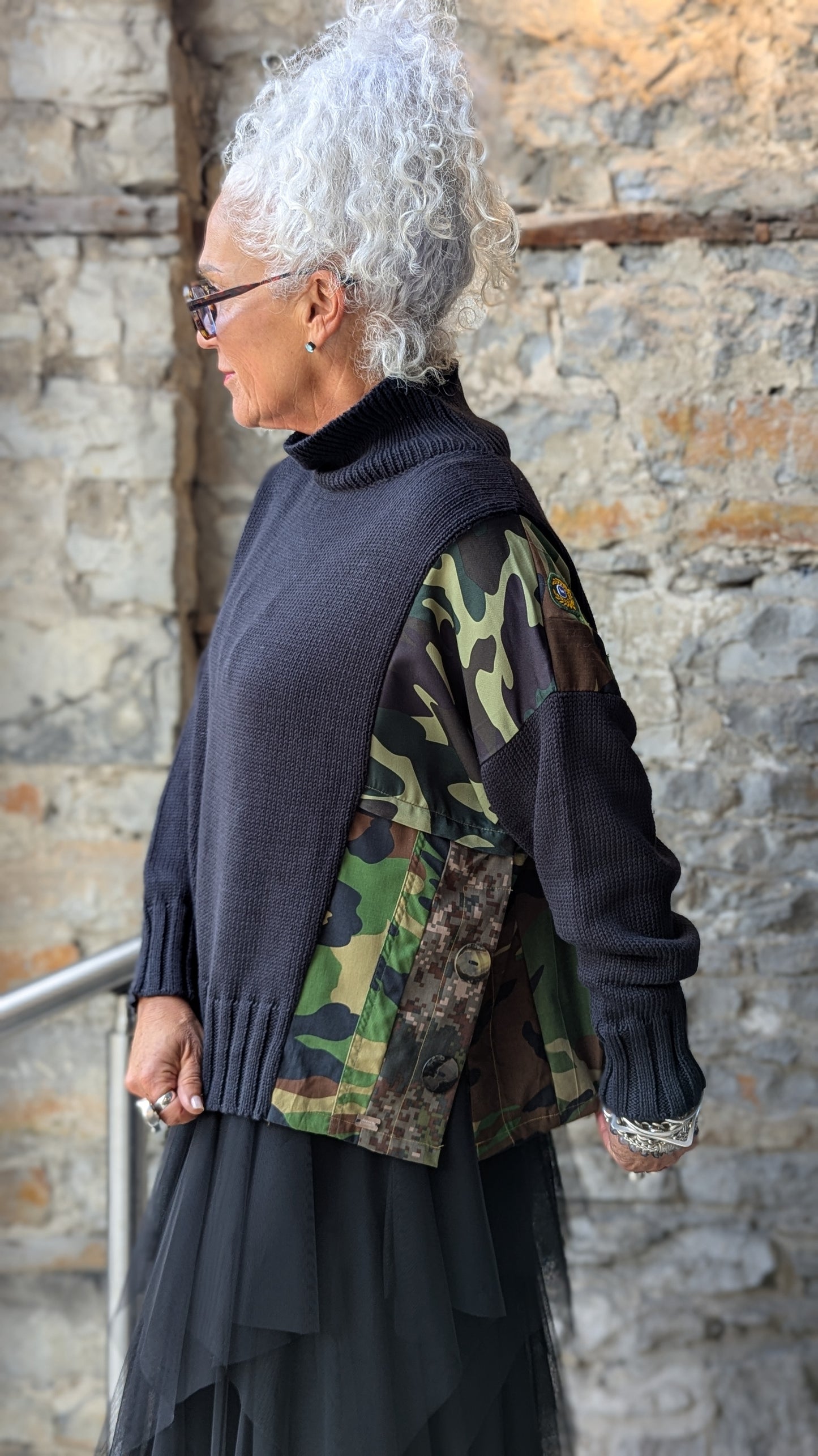 Camouflage Patchwork Black Knit Cowl Sweater