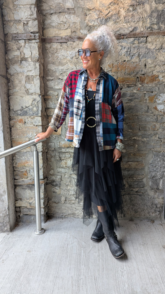 Recycled Plaid Patchwork Shirt with Pockets