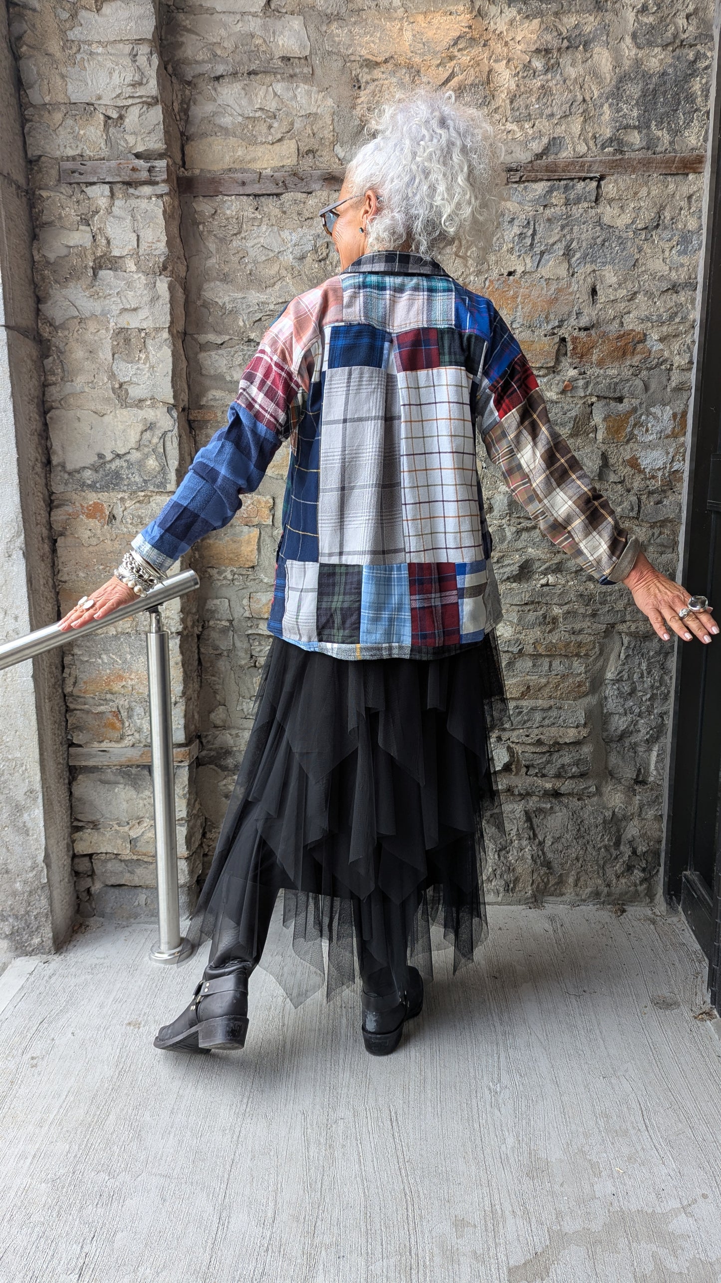 Recycled Plaid Patchwork Shirt with Pockets