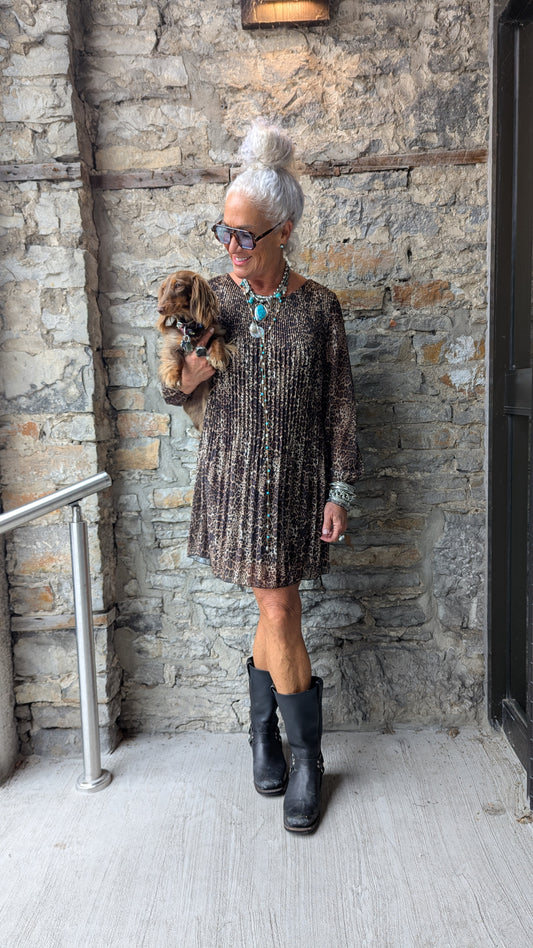 Pleated Long Sleeve animal print dress