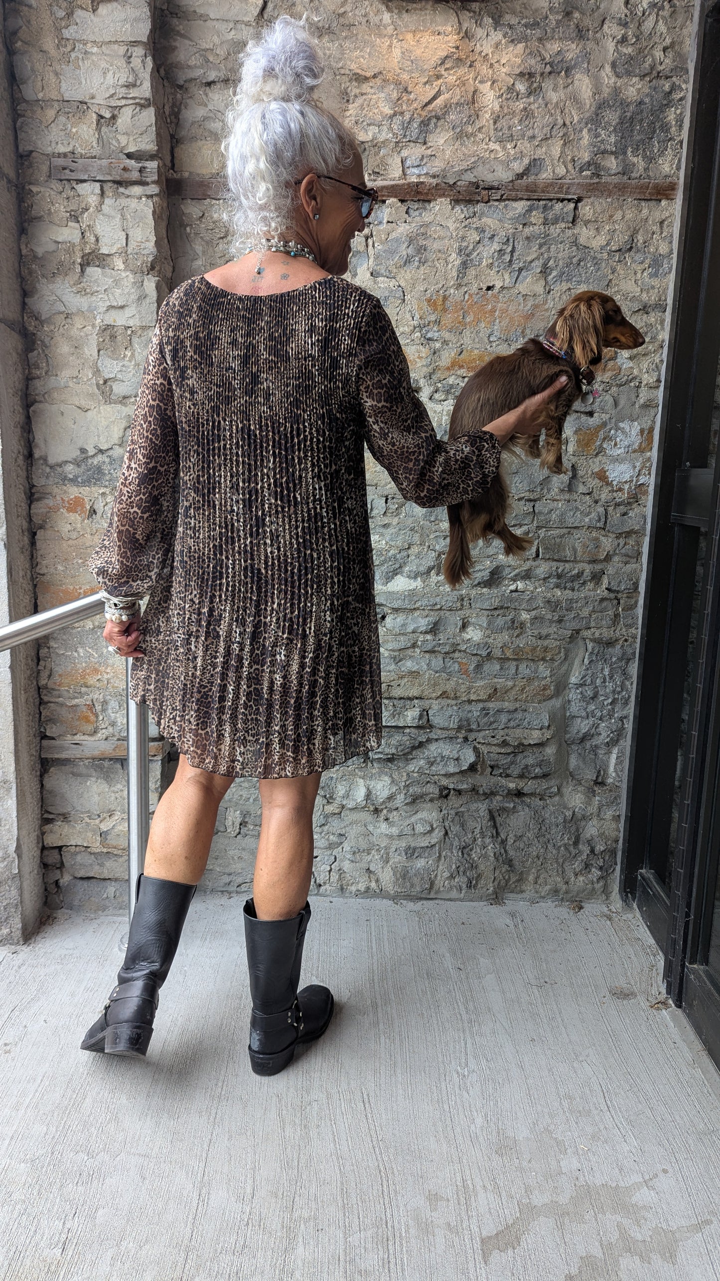 Pleated Long Sleeve animal print dress
