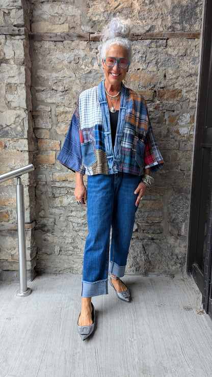 Patchwork Plaid Denim Trim Short Cardigan