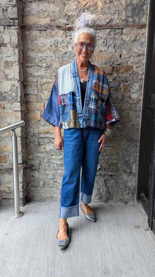 Patchwork Plaid Denim Trim Short Cardigan