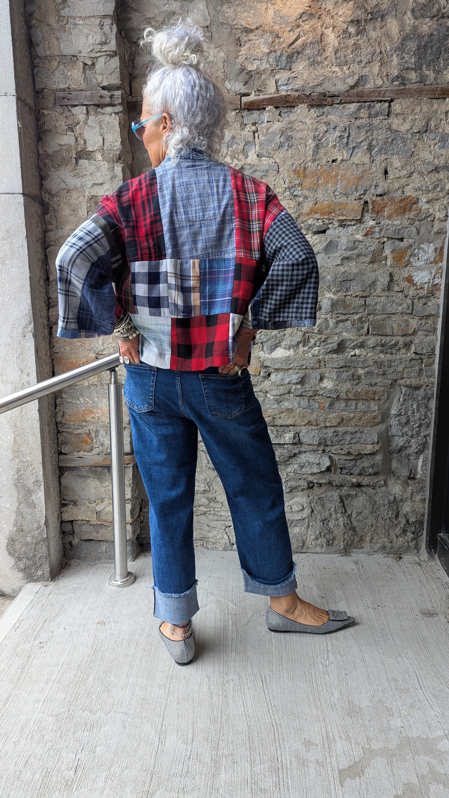 Patchwork Plaid Denim Trim Short Cardigan