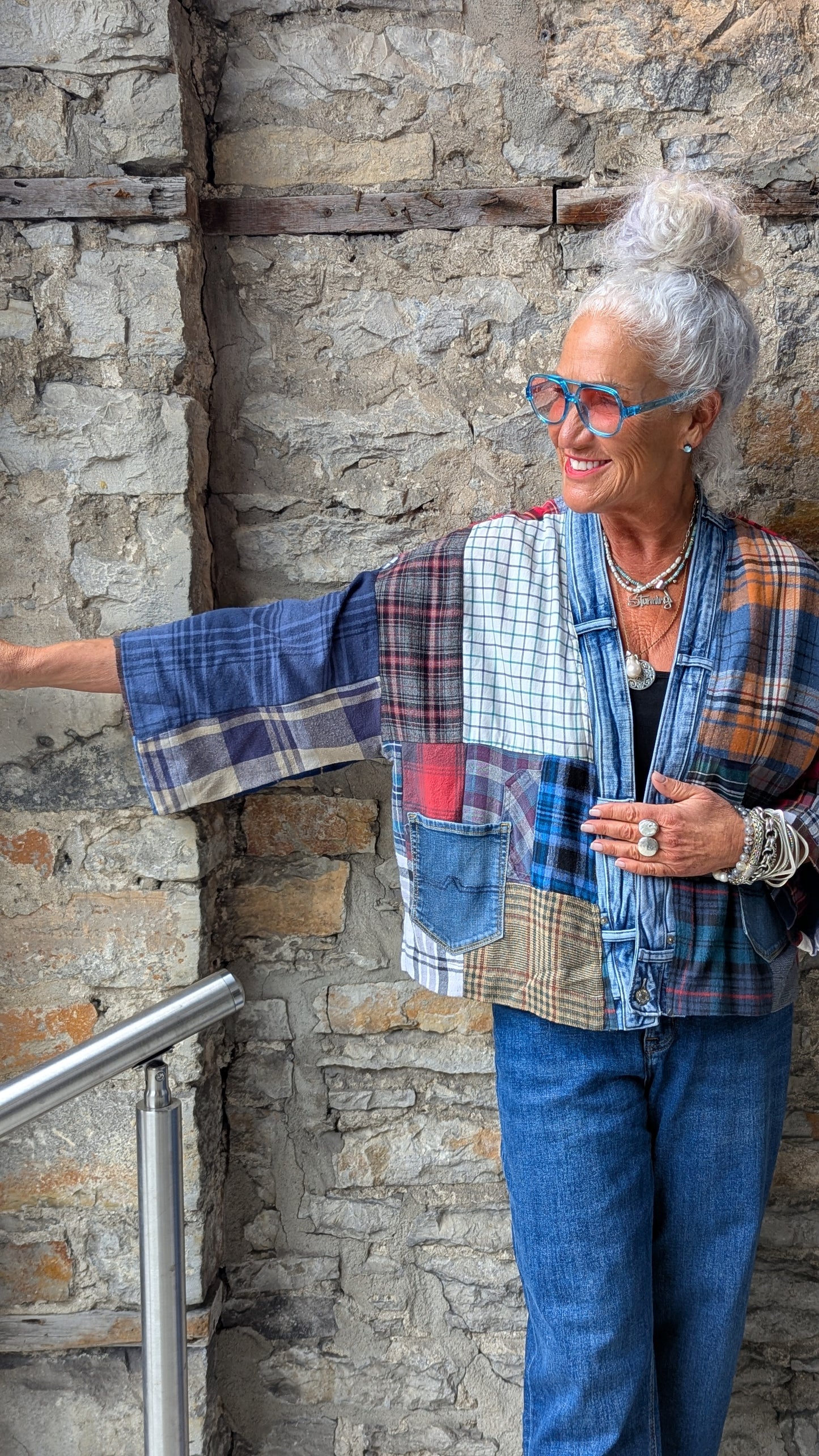 Patchwork Plaid Denim Trim Short Cardigan