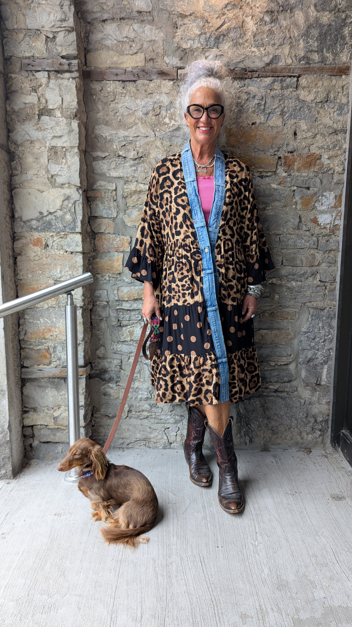 Animal Print Flounce Denim Trim Maxi Cardigan