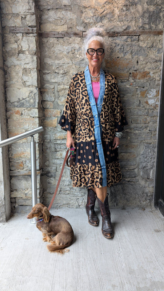 Animal Print Flounce Denim Trim Maxi Cardigan