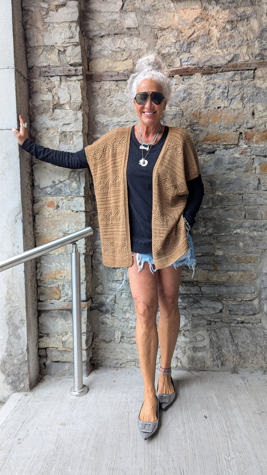 Tan Open Front Crochet Sweater