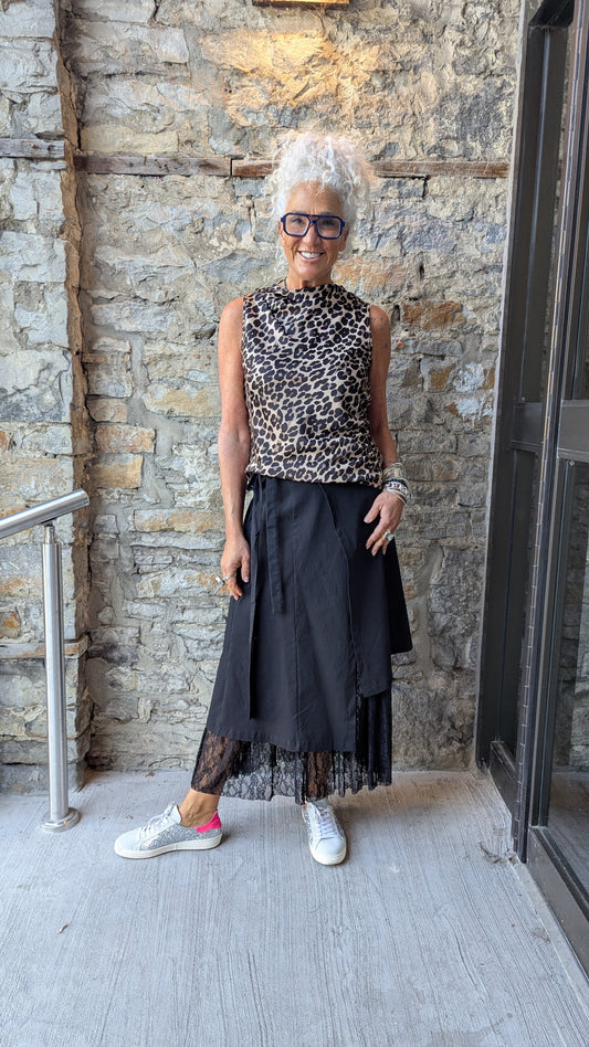 Black Asymmetric Wrap Front Skirt with Lace