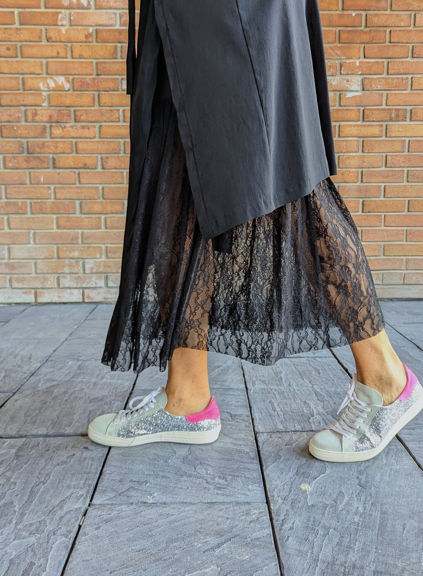 Black Asymmetric Wrap Front Skirt with Lace