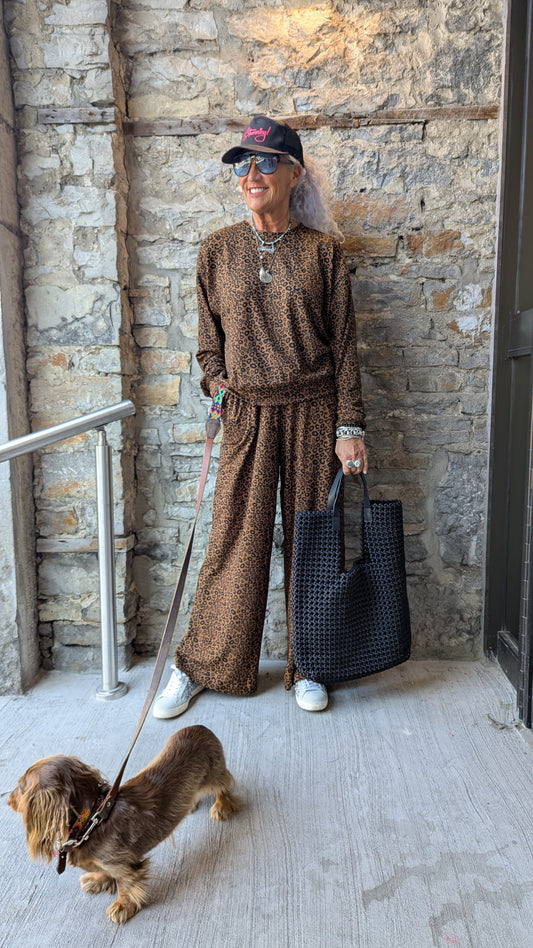 Animal Print 2 Piece Sweater and Wide Leg  Set
