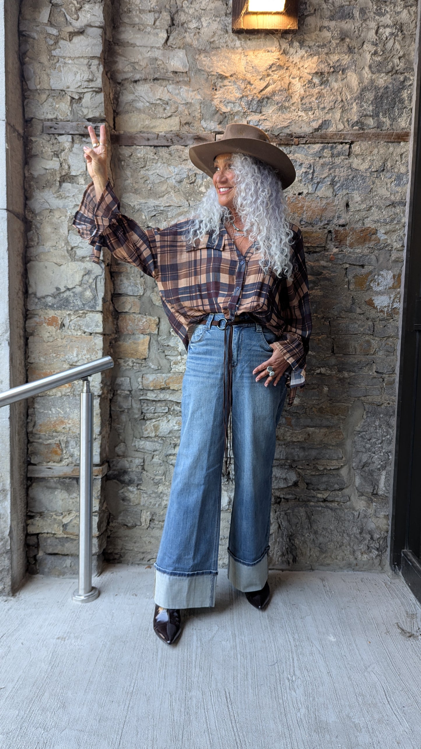 Wide Leg Cuffed Mid Blue Jeans