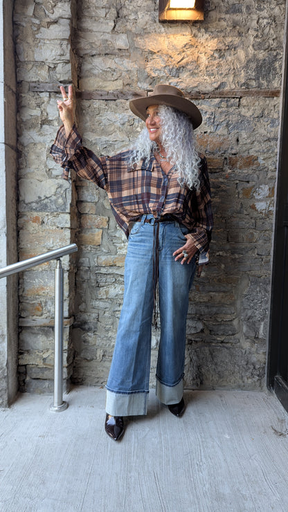 Wide Leg Cuffed Mid Blue Jeans