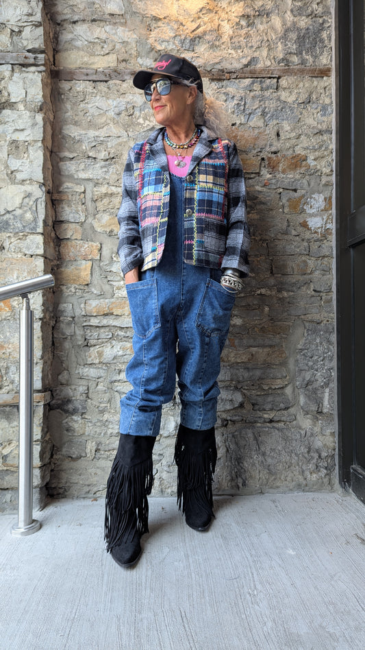 100% Cotton Plaid Multicolour Embroidery Blazer